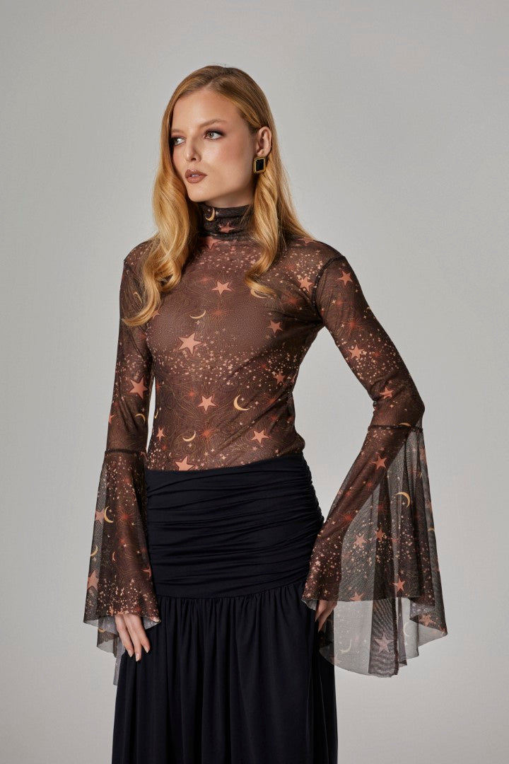 Blusa Tule Manga Sino Galáxia + Mini Saia Franzida Tule Galáxia