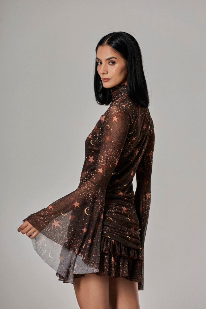 Blusa Tule Manga Sino Galáxia + Mini Saia Franzida Tule Galáxia